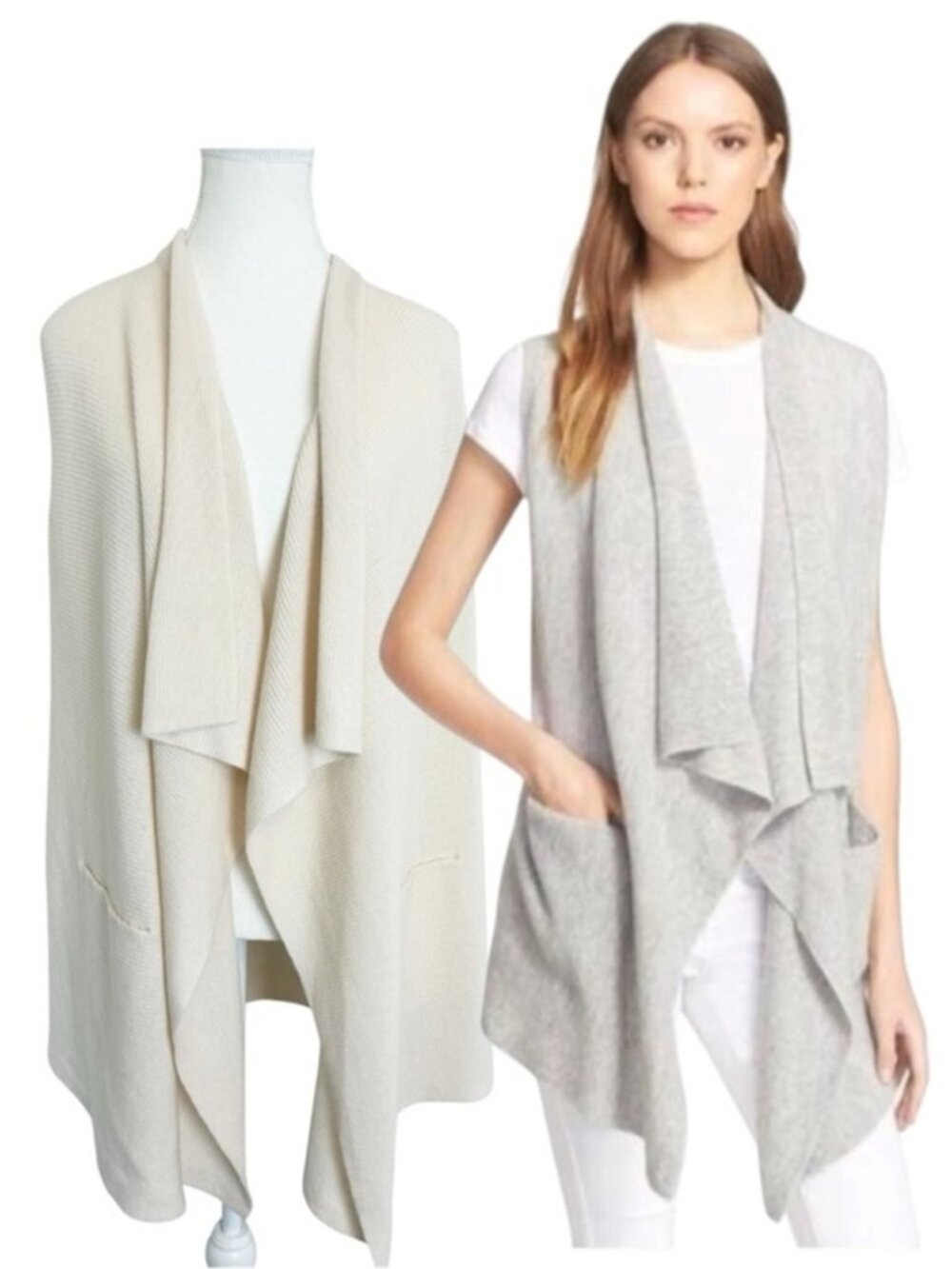 Vince Wool Cashmere Open Front Sleeveless Waterfall Vest Cream Size XS